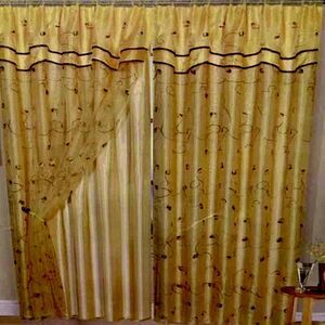 2PC Gold Embroidery Curtain with Backing plus attached Valance